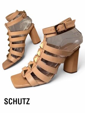 Schutz Tan Leather Gladiator Heels Gold Studded Sandals Size 8